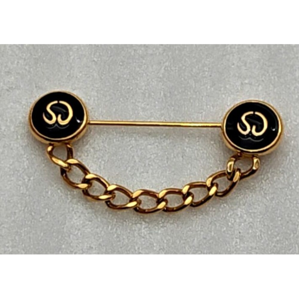 St John SJ Logo Blue Enamel Gold Tone Bar Chain Pin Brooch